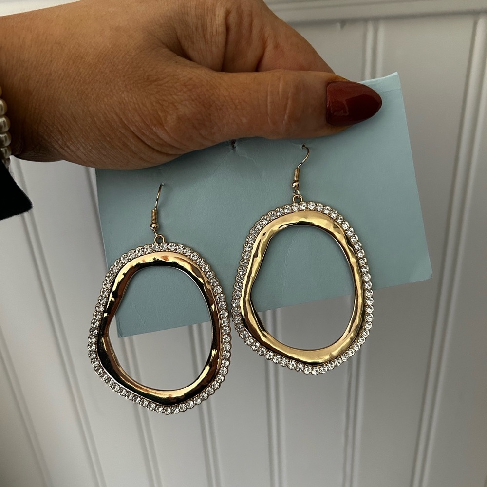 Gold Open Oval Drop Earrings with Rhinestone Halo